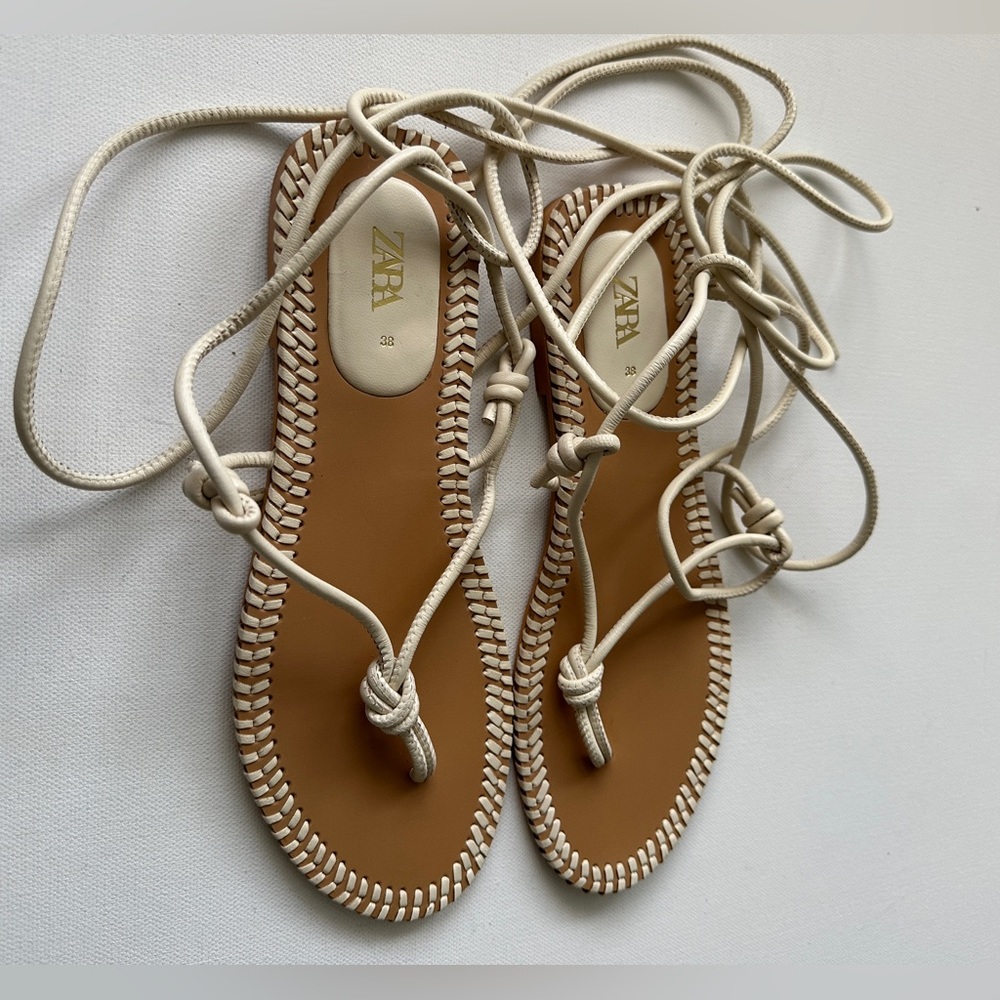 Zara Lace Up Braided Strappy Gladiator, Color White & Cream, Size 38, US 7.5.